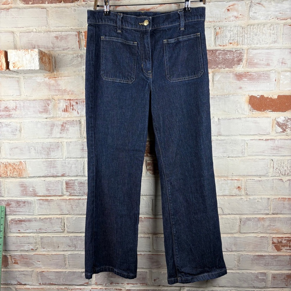 J.Crew Dark Wash Wide Leg Denim Jeans Sz 27 Patch Pocket Sailor Gold Button 90s